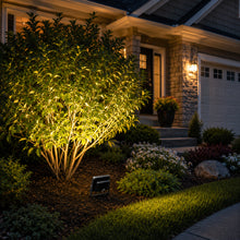 Installed 10 watt outdoor LED flood light illuminating landscaping pathways or building features