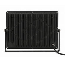 Back view of a 200 watt outdoor flood light showing compact fixture design and heat sink structure