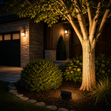 Installed 20 watt outdoor LED flood light illuminating landscaping pathways signage or building features