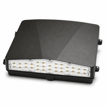 Front view of a 55 watt modern LED wall pack for outdoor security and building lighting