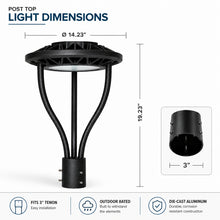 Specifications and dimensions for a post top light fixture