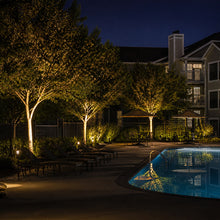 Installed bullet LED light providing focused outdoor illumination for architectural and landscape lighting