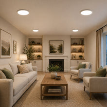Installed flush mount LED ceiling light providing even indoor lighting for residential or commercial spaces