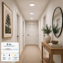 Installed flush mount LED ceiling light providing even indoor lighting for residential or commercial spaces