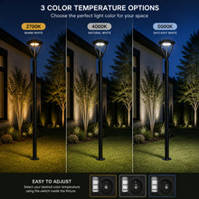 PTLS1 post light specifications showing 3 color temperature options in lifestyle setting